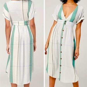 O'NEILL Cotton Green & White Button Down V-neck Pleated Waist Midi Dress